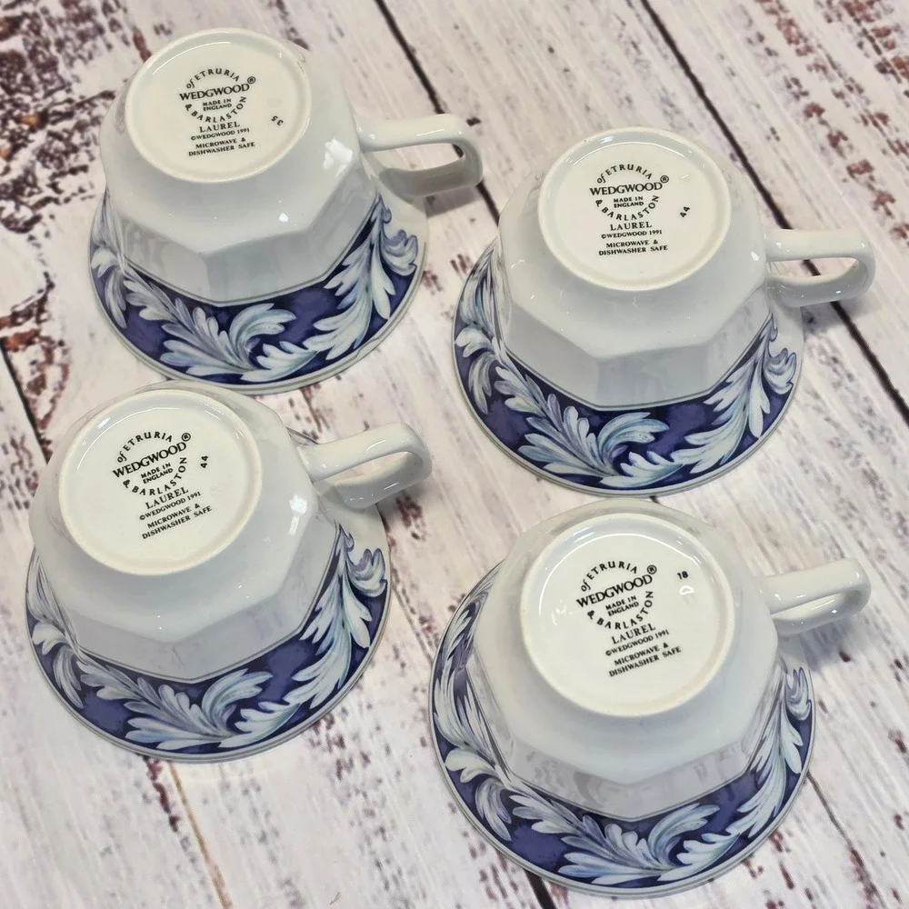 Wedgwood Laurel Tea Cup Set 4 White Blue Good English Earthenware Leaf Pattern